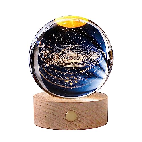 JAWSEU 3D Kristallkugel Nachtlicht, Sonnensystem Glaskugel mit Holzsockel USB Aufladung Nachtlicht Lampe Glaskugel Ornamente mit LED Wiederaufladbares Nachtlicht Geschenke für Kinder Männer Frauen von JAWSEU