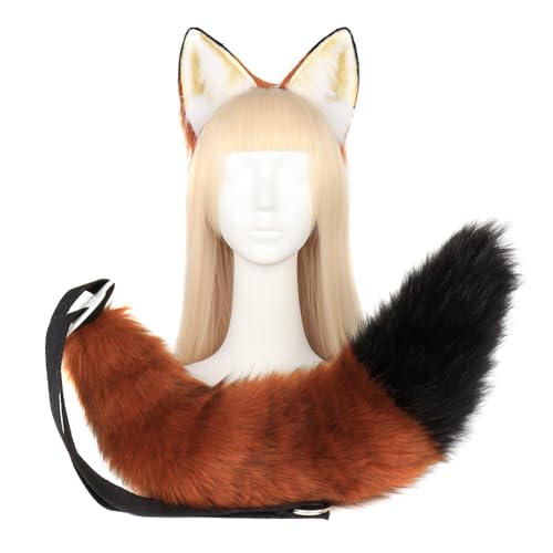 JAWSEU Fox Wolf Cosplay Tierohren Schwanz Set, Wolf Ohren Schwanz Kostüm Handgefertigtes Fuchs Wolf Ohren Halloween Kostüm Cosplay Kopf Zubehör Fuchsohren Schwanz Tierkostüm FüR Cosplay Party von JAWSEU