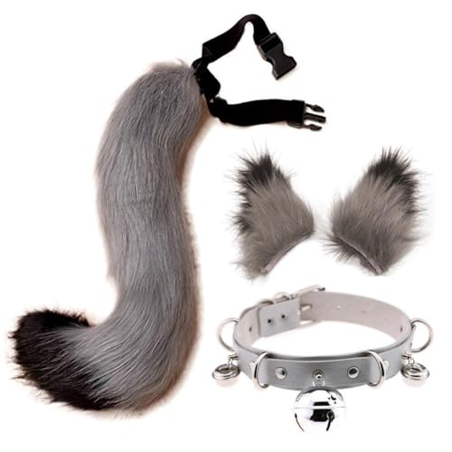 JAWSEU Fox Wolf Cosplay Tierohren Schwanz Set mit Glöckchen Halskette, Wolf Ohren Schwanz Kostüm Handgefertigtes Fuchs Wolf Ohren Halloween Kostüm Cosplay Kopf Zubehör Fuchsohren Schwanz Tierkostüm von JAWSEU