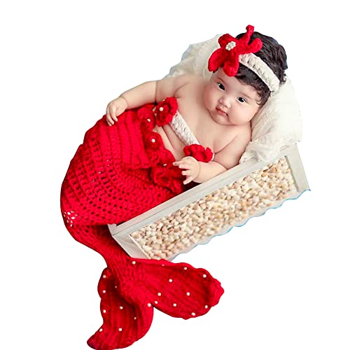JAWSEU Neugeborenes Baby Mädchen Kostüm, Neugeborenes Baby Fotografie Requisiten Meerjungfrau Häkeln Outfit Kleidung, Neugeborenen Foto Kostüm mit Stirnband von JAWSEU
