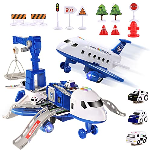 JAWSEU Transport Flugzeug Spielzeug, Flugzeug Fahrzeug Spielzeug Set Mit 4 Stück Autos 9 Verkehrszeichen Set, Fahrzeuge Spielzeug Set Kleinkind Spielzeug Geschenke von JAWSEU