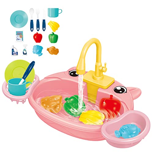 Küchenspüle Spielzeug Set mit Wasserkreislauf, Kinder-Simulations-Spülbecken mit Obst & Geschirr Spielzeug Elektrisches Zyklussystem für fließendes Wasser, Geschenk für Mädchen und Jungen von JAWSEU
