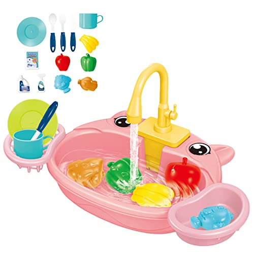 Küchenspüle Spielzeug Set mit Wasserkreislauf, Kinder-Simulations-Spülbecken mit Obst & Geschirr Spielzeug Elektrisches Zyklussystem für fließendes Wasser, Geschenk für Mädchen und Jungen von JAWSEU