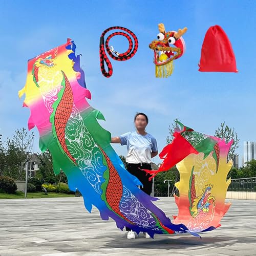 Drachentanz-Streamer Drachentanz-Luftschlangen-Set, Drehendes und Schüttelndes Chinesisches Drachenschleuderband mit Drachenkopf aus Stahl, Quadratischer Fitness-Drachen-Poi, 6 M / 8 M / 10 M Lang ( C von JAYWIS