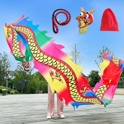Drachentanz-Streamer Drachentanz-Luftschlangen-Set, Drehendes und Schüttelndes Chinesisches Drachenschleuderband mit Drachenkopf aus Stahl, Quadratischer Fitness-Drachen-Poi, 6 M / 8 M / 10 M Lang ( C von JAYWIS