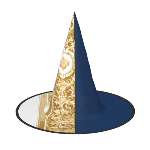 JAYWIS Halloween-Hut für Erwachsene, goldfarben, blau, weiß, volle Abdeckung, verstaubare Hexe, Kopfbedeckung für Renaissance-Messen, Gothic-Partys und Festivals von JAYWIS