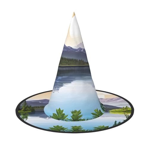 JAYWIS Halloween-Hut mit Blick auf den Berg und See, Motiv: Sonnentag, Natur, volle Abdeckung, für Erwachsene, verstaubare Hexe, Kopfbedeckung für Renaissance-Messen, Gothic-Partys und Festivals von JAYWIS