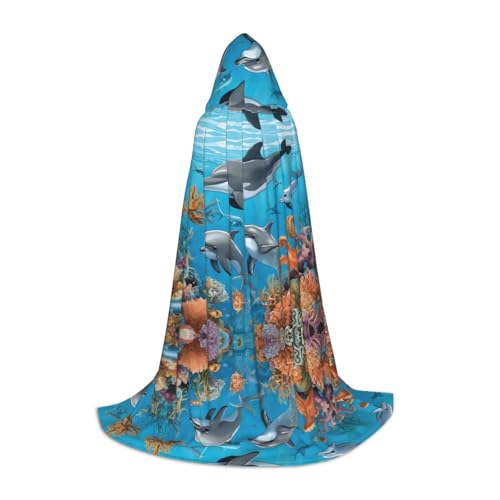 JAYWIS Kapuzenumhang mit Delfinen, Meeresschildkröte, Oktopus, Korallenriff, bedruckt, verstellbar, für Teenager, Halloween-Abenteuer, Partys und festliche Anlässe, Größe L JAYWIS Kapuzenumhang mit Delfinen, Meeresschildkröte, Oktopus, Korallenriff, bedruckt, verstellbar, für Teenager, Halloween-Abenteuer, Partys und festliche Anlässe, Größe L von JAYWIS