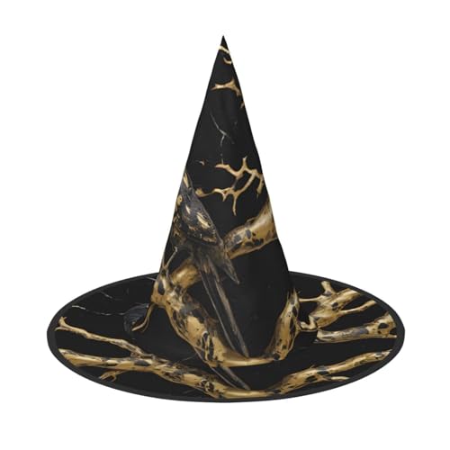 JAYWIS Schwarzer und goldener Marmor-Vogel-Druck, volle Abdeckung, Halloween-Hut für Erwachsene, verstaubare Hexen-Kopfbedeckung für Renaissance-Messen, Gothic-Partys und Festivals von JAYWIS