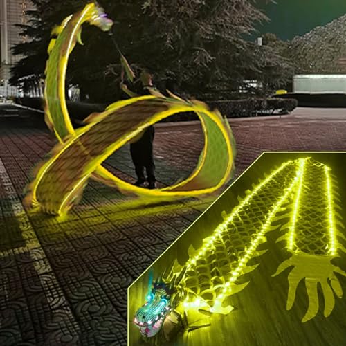 JAYWIS Tanzband Gelb Leuchtender Tanzdrachen-Poi, Quadratische Fitness-Drachen-Spinnbänder mit Drachenkopf & Reisetasche, Drachen-Streamer-Set für Erwachsene/Senioren (Size : 6 m (20 ft)) von JAYWIS