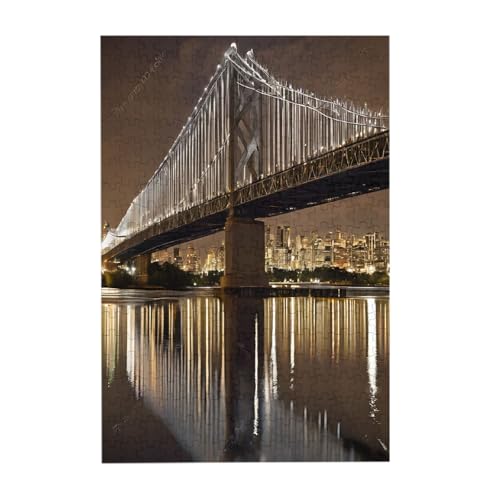 New York Manhattan Bridge Night – Druck 300-teiliges Bilderpuzzle – Holz für Erwachsene, Familienspaß und Entspannungsgeschenk von JAYWIS
