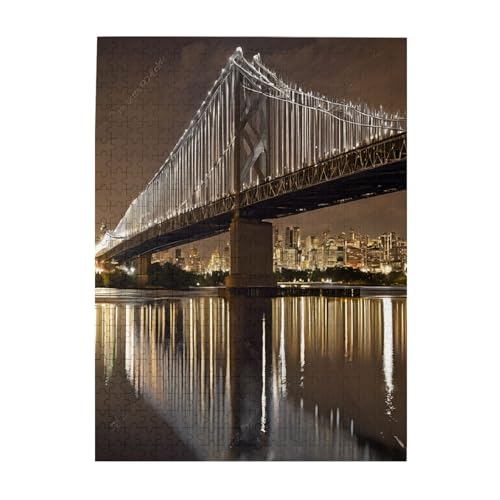 New York Manhattan Bridge Night – Druck 500 Teile Bilderpuzzles für Erwachsene, umweltfreundliches Holzpuzzle mit Bildern, Geschenk für Familienspaß und Entspannung von JAYWIS