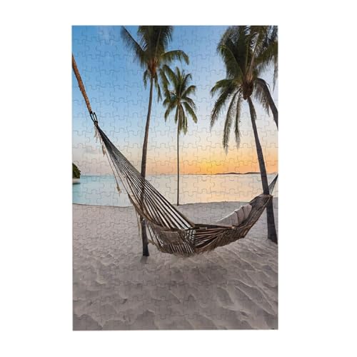 Paradiesstrand mit Hängematte, Kokospalmen – Druck 300-teiliges Bilderpuzzle – Holz für Erwachsene, Familienspaß und Entspannungsgeschenk von JAYWIS
