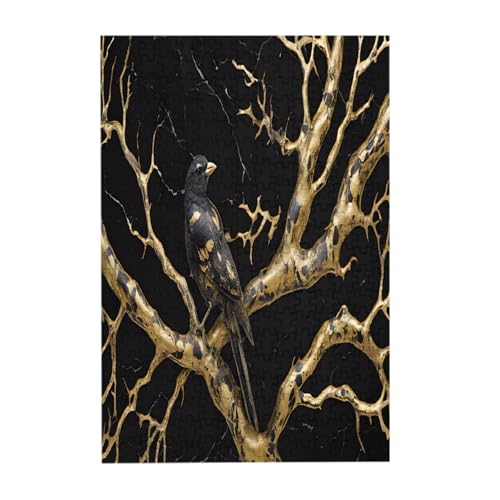 Schwarz-goldener Marmorvogel-Druck, 300-teiliges Bilderpuzzle – Holz für Erwachsene, Familienspaß und Entspannungsgeschenk von JAYWIS