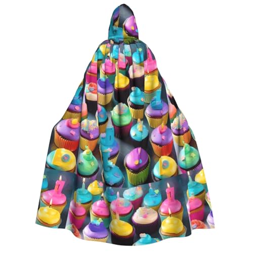JBJGKHLP Farbenfroher "Happy Birthday"-Cupcakes-Aufdruck, Unisex, Erwachsene, mit Kapuze, langärmelig, Umhang, Halloween, Weihnachten, Karneval, Motto-Partys von JBJGKHLP