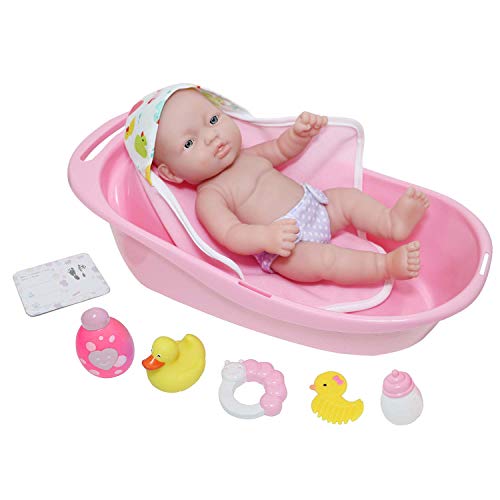 JC Toys - La Newborn | 10-teiliges Layette Deluxe Badewannen-Geschenkset | 30,5 cm lebensechte Vinylpuppe für Neugeborene mit Zubehör | Rosa | wasserdicht | ab 2 Jahren von JC Toys