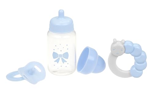 JC Toys - 3-teiliges Puppenzubehör Set (Flasche, Schnuller und Rassel), blau, passend für alle Handgelenke bis 50 cm, 2 Jahre von jc toys