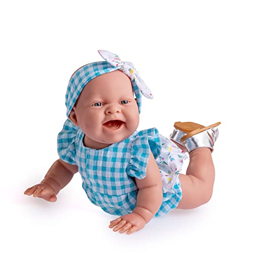 JC Toys - Lola On The Go Puppe, 36 cm, weiches Vinyl, lächelndes Gesicht, Puppe, Vichy und Blumenmuster und Sandalen, Mädchen, 2 Jahre von jc toys