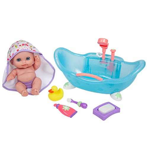 JC TOYS Lil' Cutesies Puppe aus weichem Vinyl, 21 cm, inklusive Badewanne mit funktionaler Dusche und 5 Zubehörteilen, ideal zum Spielen, blau, entworfen von Berenguer, ab 2 Jahren von JC TOYS