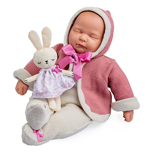 JC TOYS - Vintage Puppe La Baby Original Kollektion 43 cm, Körper aus weichem Stoff, Strickkleidung, Schnuller und Plüsch, Augen geschlossen, Beige und Rosa, Mädchen, entworfen in Spanien von von jc toys