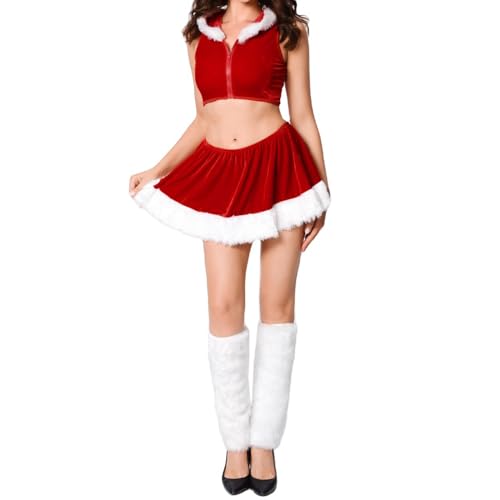 JCMoniDun Damen Weihnachten Santa Kostüme Xmas Mrs Santa Claus Kostüm Kurzes Kleid Festival Party Cosplay Outfits (K01 Tops Rock Beinstulpen, Einheitsgröße) von JCMoniDun