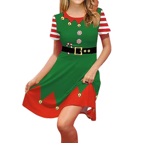 JCMoniDun Frauen Mädchen Weihnachtself Kostüm Set Xmas Festlich Santa's Helfer Kostüm Kleid Hut Schuhe Party Cosplay Outfits (A01 Grün A Kleid, 1pc, XXL) von JCMoniDun