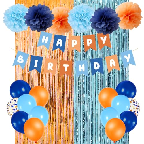 JCitimix Orange und Blau Happy Birthday Banner Vorhang, Orange Blau Luftballons Party Dekorationen mit Banner Pompoms Blau und Orange Geburtstag Dekorationen Kinder Jungen Mädchen von JCitimix