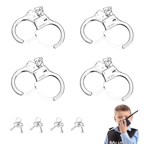 JDCMEI 4 Stücke Spielzeug Handschellen mit 8 Schlüssel, Polizei Handschellen Kinder aus Metall für Rollenspiel Polizei und Räuber Kostüm und Karneval von JDCMEI