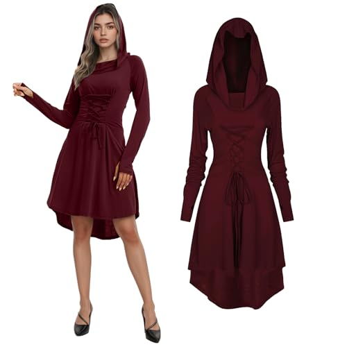 JDFAIJEAL Gothic Mittelalter Kleid Damen,Renaissance Mit Kapuze Langarm Retro Kostüm,Elfenkostüm für Damen Cosplay Halloween Karneval Kostüm (Burgundisch, S) von JDFAIJEAL