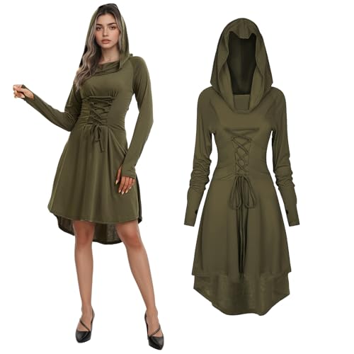 JDFAIJEAL Halloween Retro Kleid, Mittelalterliche gotische Kapuze Kleid (Armeegrün, XL) von JDFAIJEAL