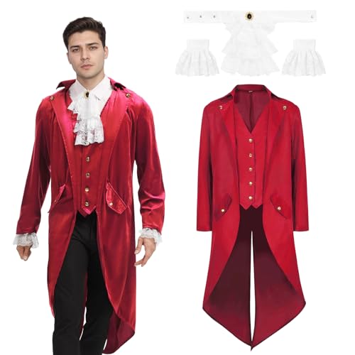 JDFAIJEAL Herren Gothic Steampunk Frack, Mittelalter Viktorianische Jacke Kostüme für Männer Halloween Karneval Fasching Kostüm(Rot, M) von JDFAIJEAL