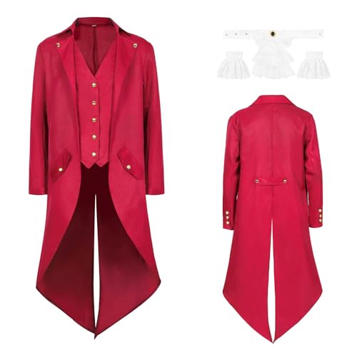 JDFAIJEAL Herren Gothic Steampunk Frack, Mittelalter Viktorianische Jacke Kostüme für Männer Halloween Karneval Fasching Kostüm(Rot, XXL) von JDFAIJEAL