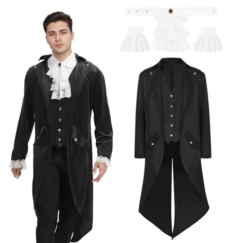 JDFAIJEAL Herren Gothic Steampunk Frack, Mittelalter Viktorianische Jacke Kostüme für Männer Halloween Karneval Fasching Kostüm(Schwarz, M) von JDFAIJEAL