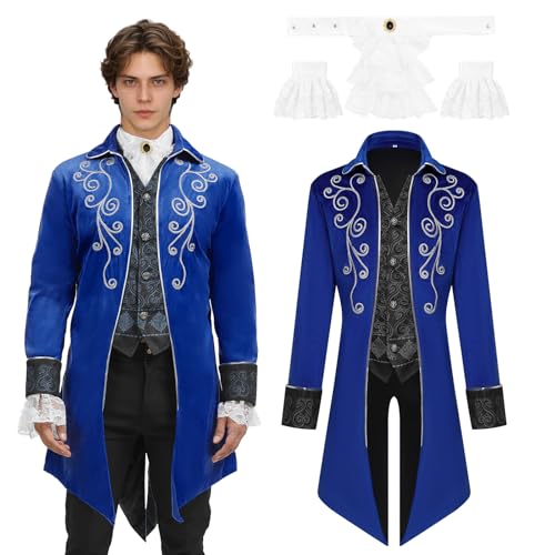 JDFAIJEAL Mittelalter Herren Steampunk Frack Mantel,Vintage viktorianischen Gothic Frack,Halloween Piraten Vampir Cosplay Kostüme(Blau, M) von JDFAIJEAL
