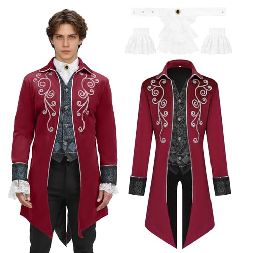 JDFAIJEAL Mittelalter Herren Steampunk Frack Mantel,Vintage viktorianischen Gothic Frack,Halloween Piraten Vampir Cosplay Kostüme (Rot, M) von JDFAIJEAL