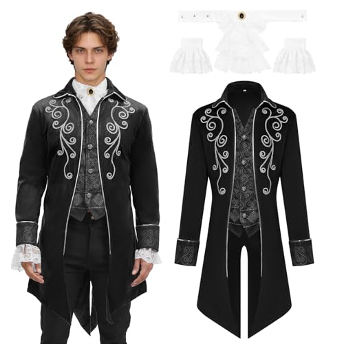JDFAIJEAL Mittelalter Herren Steampunk Frack Mantel,Vintage viktorianischen Gothic Frack,Halloween Piraten Vampir Cosplay Kostüme (Schwarz, S) von JDFAIJEAL