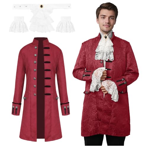 JDFAIJEAL Mittelalterliche Retro Männer Steampunk Frack Jacke, viktorianische gotische Frack, Karneval Halloween Rollenspiel (Rot, L) von JDFAIJEAL