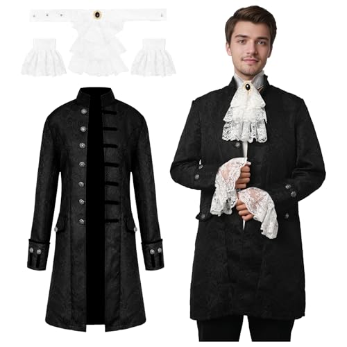 JDFAIJEAL Mittelalterliche Retro Männer Steampunk Frack Jacke, viktorianische gotische Frack, Karneval Halloween Rollenspiel (Schwarz, S) von JDFAIJEAL