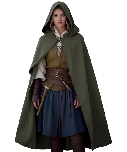 JDFAIJEAL Umhang Damen mit Kapuze,Mittelalter Umhang,Renaissance Cape Mantel Lang für Fasching Halloween Kostüm Vampir,Hexen,Hobbit Kostüm,LARP, Wikinger,Cosplay,Renaissance (Armee Grün) von JDFAIJEAL