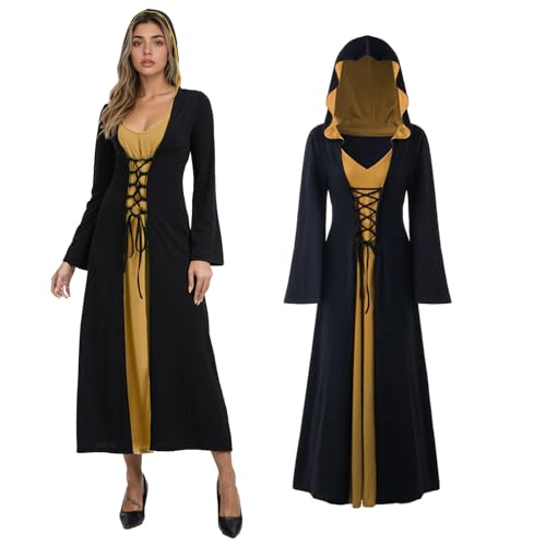 JDFAIJEAL Mittelalterliche gotische Kapuze, Halloween Retro Kleid, Damen Vampir Hexe Halloween Karneval Retro Langärmeliges (Schwarz und Gelb, L) von JDFAIJEAL