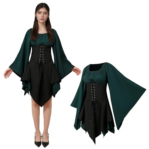 JDFAIJEAL Mittelalterliche gotische Splice Kleid Horn Ärmel Taille Kleid (XXL) von JDFAIJEAL