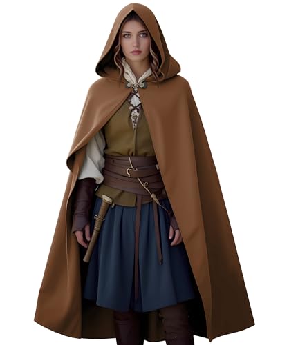 JDFAIJEAL Umhang Damen mit Kapuze,Mittelalter Umhang,Renaissance Cape Mantel Lang für Fasching Halloween Kostüm Vampir,Hexen,LARP, Wikinger,Cosplay,Renaissance (Kaffeefarbe) von JDFAIJEAL