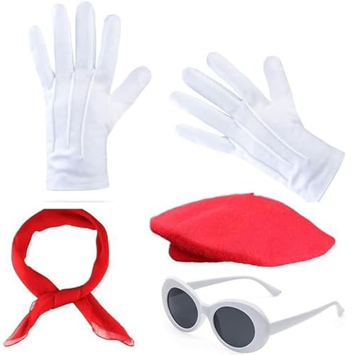 JDNH Französisches Damenkostüm-Zubehör, 1980er-Jahre-Kostüm-Set, Baskenmütze, Handschuhe, ovale Brille, Schal für Mädchen und Damen JDNH Französisches Damenkostüm-Zubehör, 1980er-Jahre-Kostüm-Set, Baskenmütze, Handschuhe, ovale Brille, Schal für Mädchen und Damen von JDNH