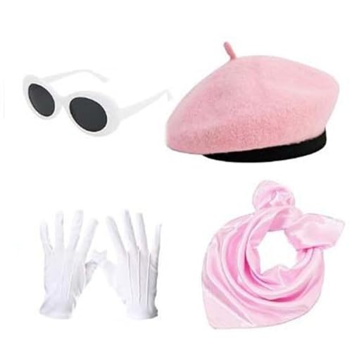 JDNH Französisches Damenkostüm-Zubehör, 1980er-Jahre-Kostüm-Set, Baskenmütze, Handschuhe, ovale Brille, Schal für Mädchen und Damen JDNH Französisches Damenkostüm-Zubehör, 1980er-Jahre-Kostüm-Set, Baskenmütze, Handschuhe, ovale Brille, Schal für Mädchen und Damen von JDNH