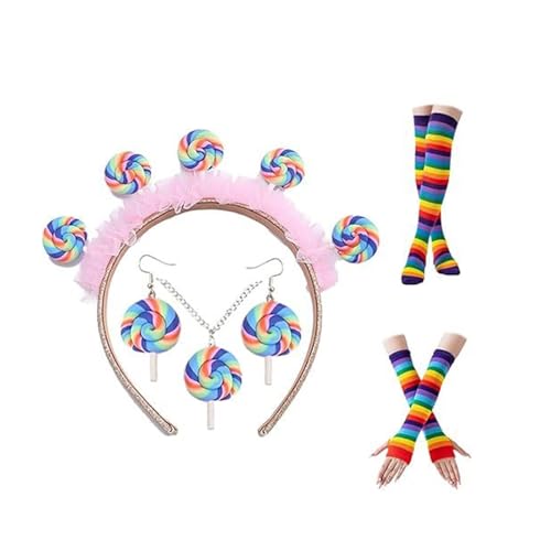 JDNH Lutscher-Kostüm-Set, Süßigkeiten, Stirnband, Zubehör, fingerlose Handschuhe, Lutscher, Ohrringe, Halskette für Süßigkeiten, Cosplay, Party JDNH Lutscher-Kostüm-Set, Süßigkeiten, Stirnband, Zubehör, fingerlose Handschuhe, Lutscher, Ohrringe, Halskette für Süßigkeiten, Cosplay, Party von JDNH