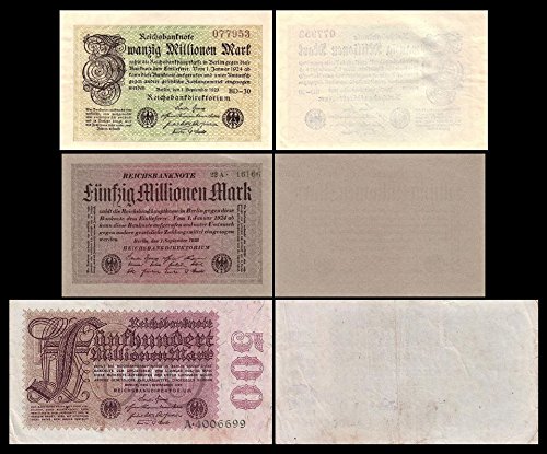 *** 20,50,500 Millionen Mark 3 Reichsbanknoten 01.09.1923-6.Ausgabe - Pick 108, 109, 110 - Reproduktion *** von JDS Collection