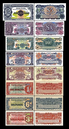 *** 3 Pence - 5 Pound - 8 englische Banknoten Ausgabe ND 1948 2nd Series - alte Währung - Reproduktion *** von JDS Collection