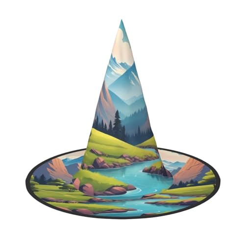 JDbncxe 1 x Halloween-Hut – Grüne Berge und klares Wasser Druck Hexen Dekor Party Cosplay Zubehör Festlicher Karneval Stirnband Magic Wizard Cap von JDbncxe