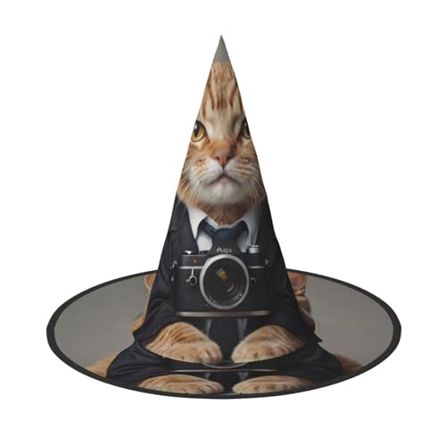 JDbncxe 2 Stück Halloween-Hut – Katze mit Kamera-Druck, Hexen-Dekor, Party, Cosplay-Zubehör, festlicher Karnevals-Stirnband, magische Zauberer-Kappe von JDbncxe