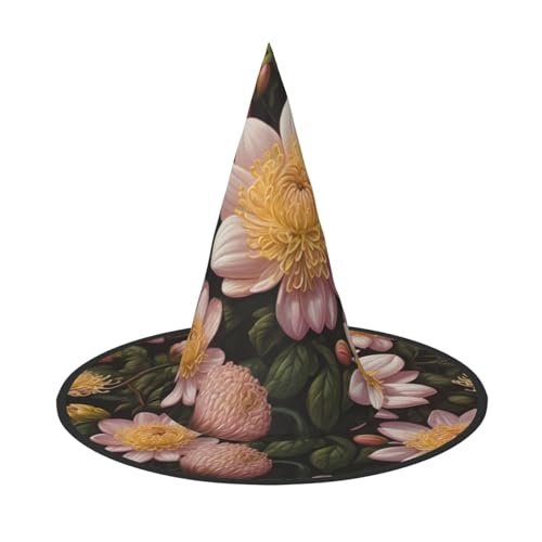 JDbncxe 3 Stück Halloween-Hut – rosa Chrysanthemen-Druck, Hexen-Dekor, Party, Cosplay-Zubehör, festlicher Karneval, Stirnband, magische Zauberer-Kappe von JDbncxe
